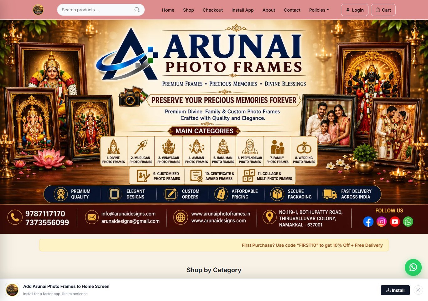 Homepage screenshot of Arunai Photo Frames